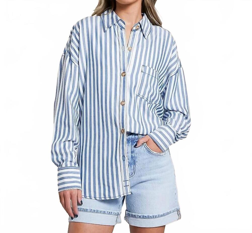 NEW BLU PEPPER stripe button top in blue white